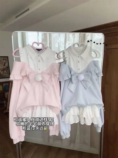 V-Neck Lace Knit Sweater Long Sleeve Loose Fit Pullover with Bow Detail