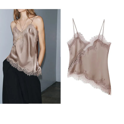 Combhasaki Women Floral Lace Trim Satin High Low Vest Silk Spaghetti Strap Side Split Asymmetrical Cami Flowy Silky Layering Top
