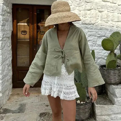 V-Neck Bow Lace-Up Puff Sleeve Loose Shirt
