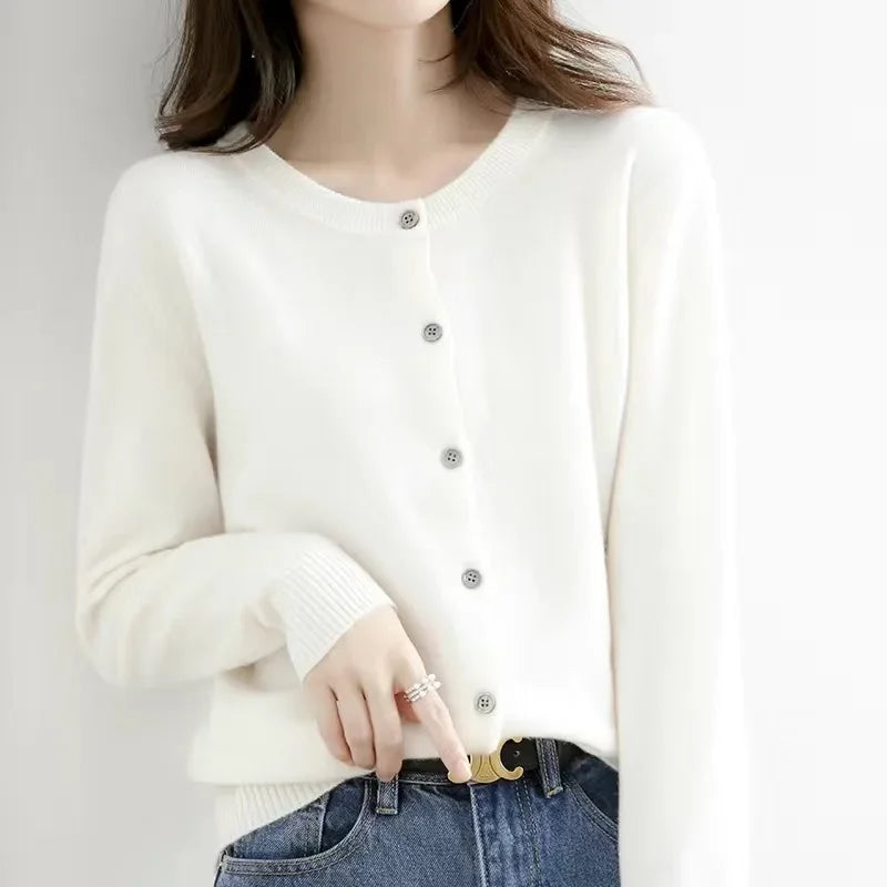 Women's Knitted Cardigan Sweater - O-Neck Button-Up Top
