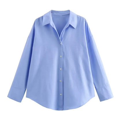 Women's Oxford Button-Up Blouse - Long Sleeve Lapel Shirt