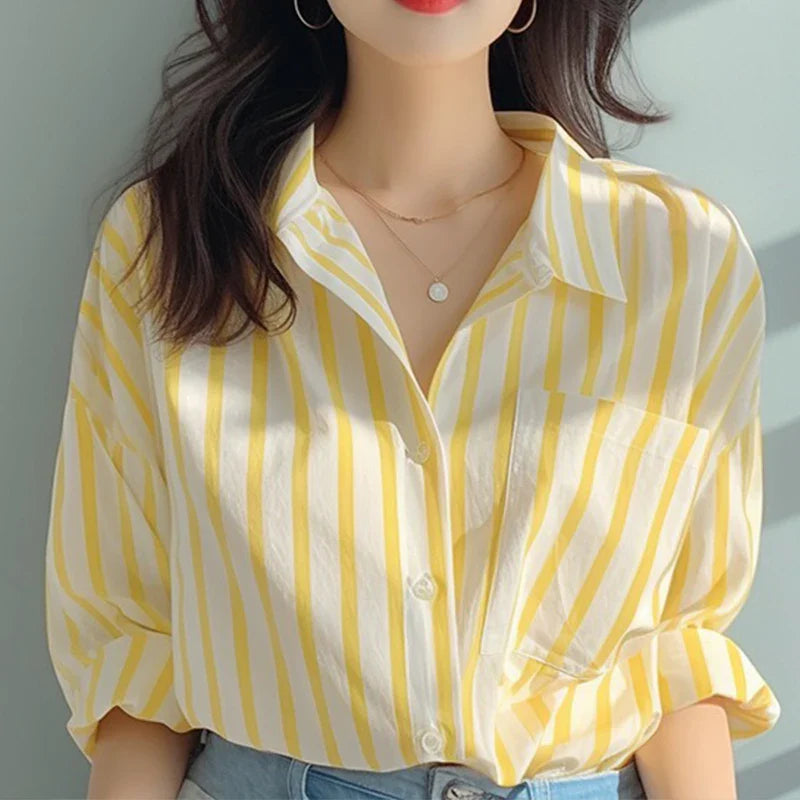 Women's Striped Shirt - Vertical Stripe Turn-Down Collar Long Sleeve Blouse
