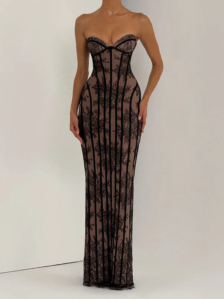 Women's Evening Dress - V-Neck Lace Patchwork Hollow Out Gown