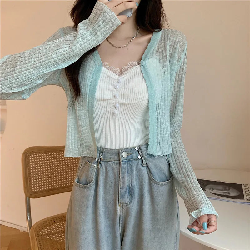 Women's V-Neck Long Sleeve Ice Silk Knit Sheer Cardigan Top