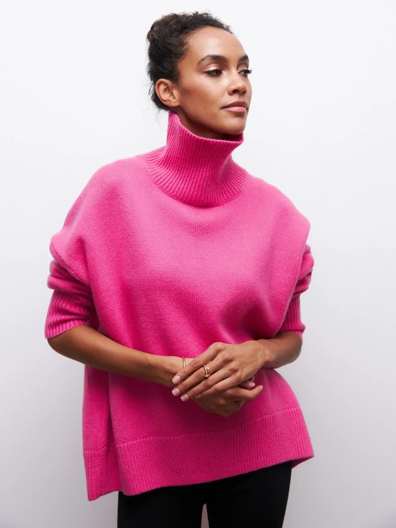 Mock Neck Knit Sweater Raglan Sleeve Loose Fit with Ruched Detail