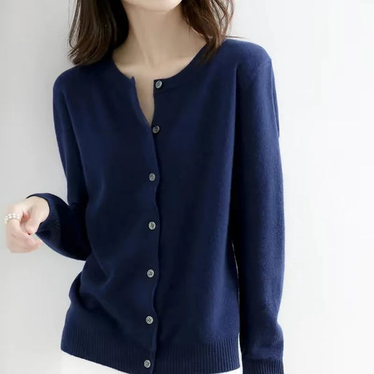 Women's Knitted Cardigan Sweater - O-Neck Button-Up Top