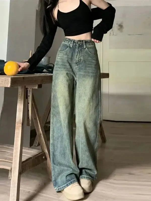 High Waist Wide Leg Jeans Vintage Straight Ankle Length Slimming