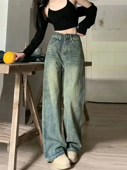 High Waist Wide Leg Jeans Vintage Straight Ankle Length Slimming