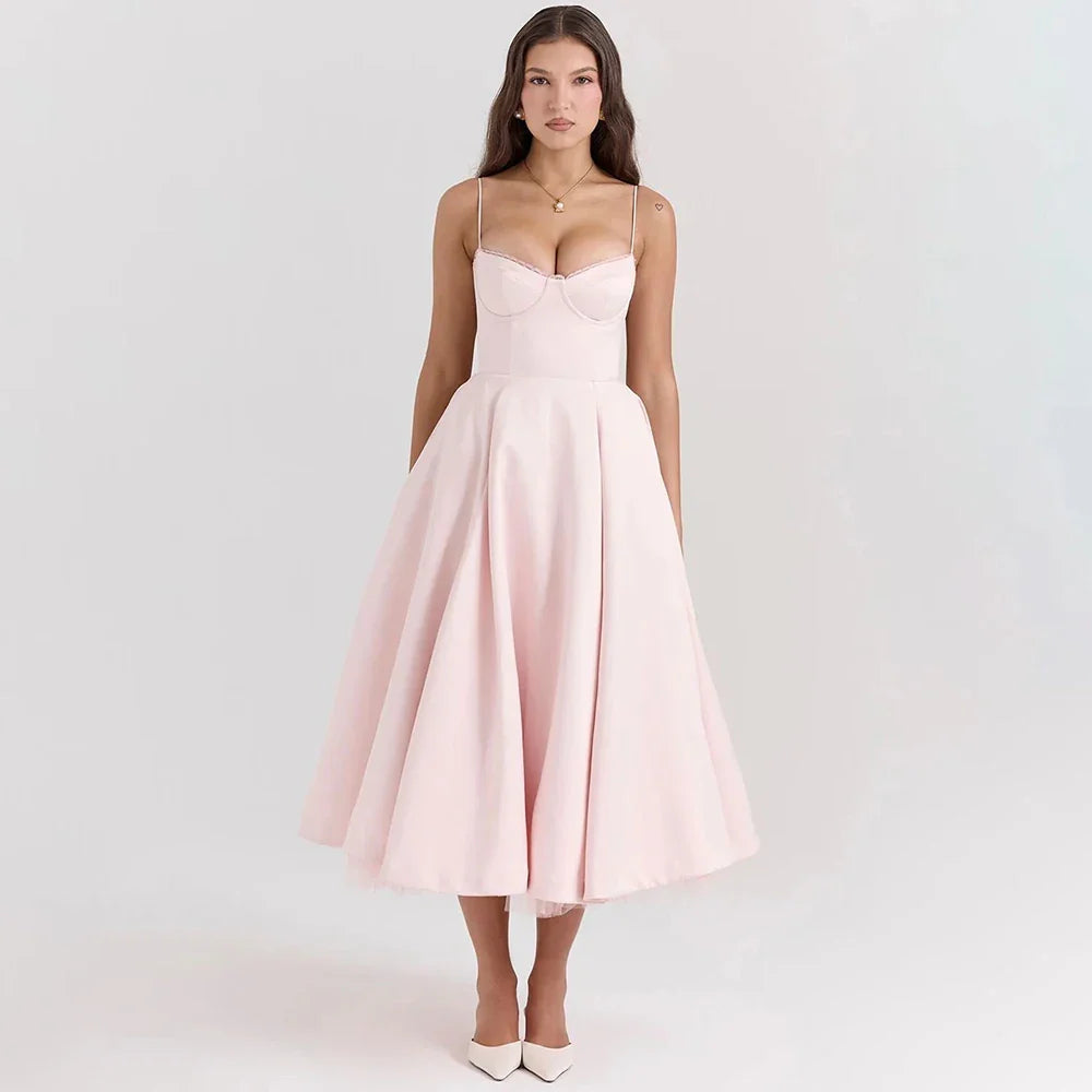 Women's Casual Spaghetti Strap A Line Flowy Midi Dresses Party Evening Gown Backless Elegant Wedding Guest Dress with Pockets