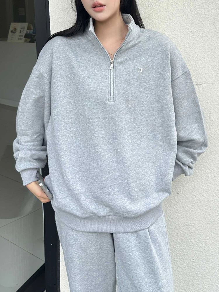 Women Casual Stand Up Collar Pullover Fashion Sports Fitness Hoodies Loose Long-Sleeved Zip Sweatshirt