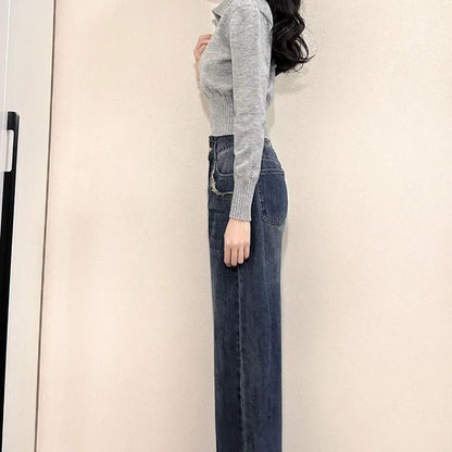 Button-Up Collar Cropped Knit Sweater Long Sleeve Slim Fit