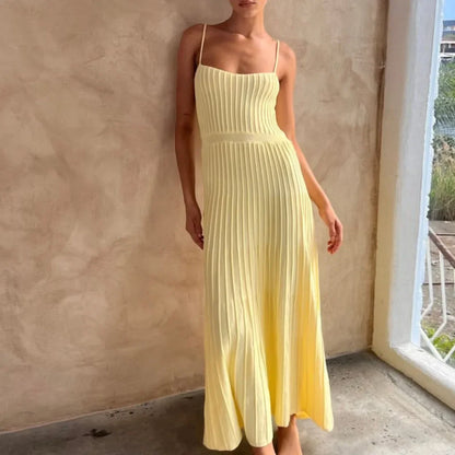 Knitted Pleated Midi Dress High Waist Sleeveless Sling Dress Women Bodycon Streetwear