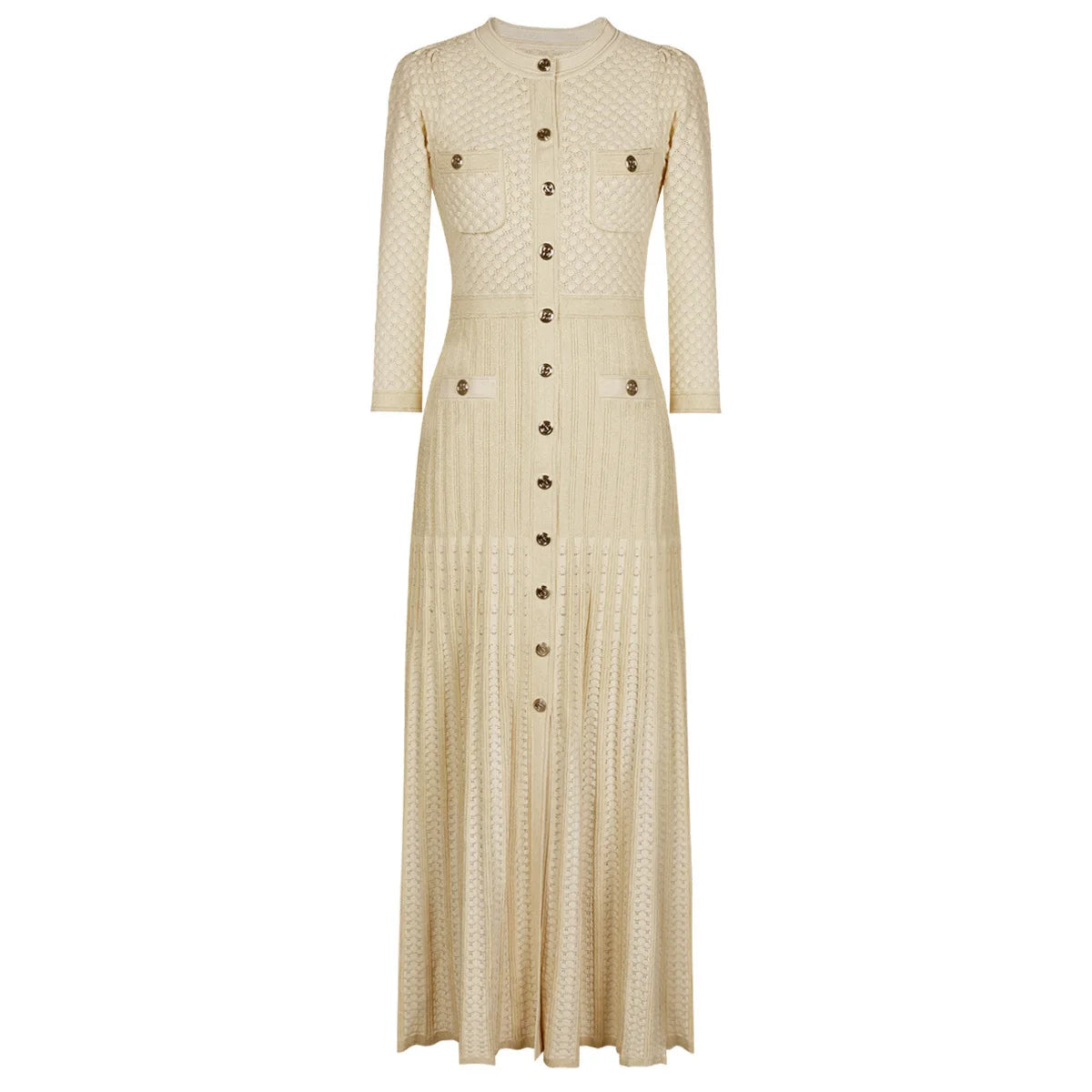 Knitted Midi Dress Round Neck Long Sleeve See-Through Slimming Street Style