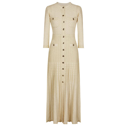 Knitted Midi Dress Round Neck Long Sleeve See-Through Slimming Street Style