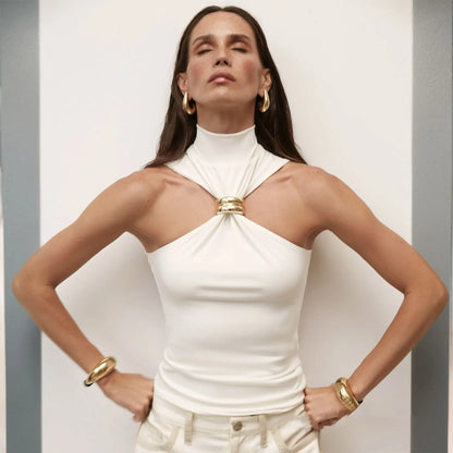 Turtleneck Metal Ring Sleeveless Knit Crop Tank Top