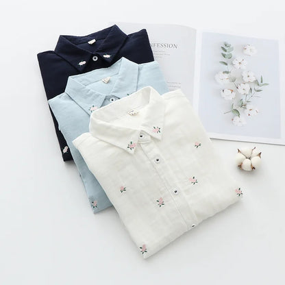 Women's Embroidered Cotton Shirt - Long Sleeve Floral Blouse