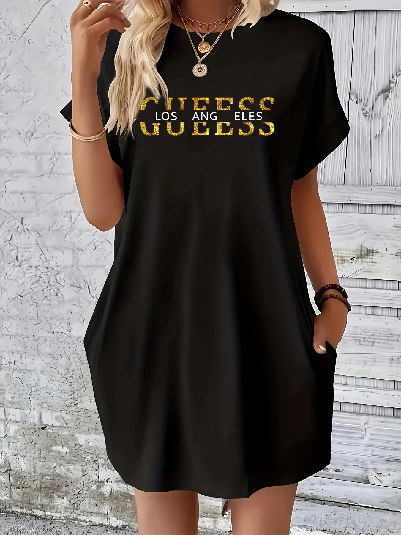 Letter Print Round Neck Short Sleeve Pocket Dress