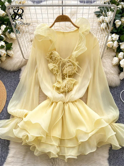 Women's 3D Floral Chiffon Dress - Long Sleeve Beach Sundress