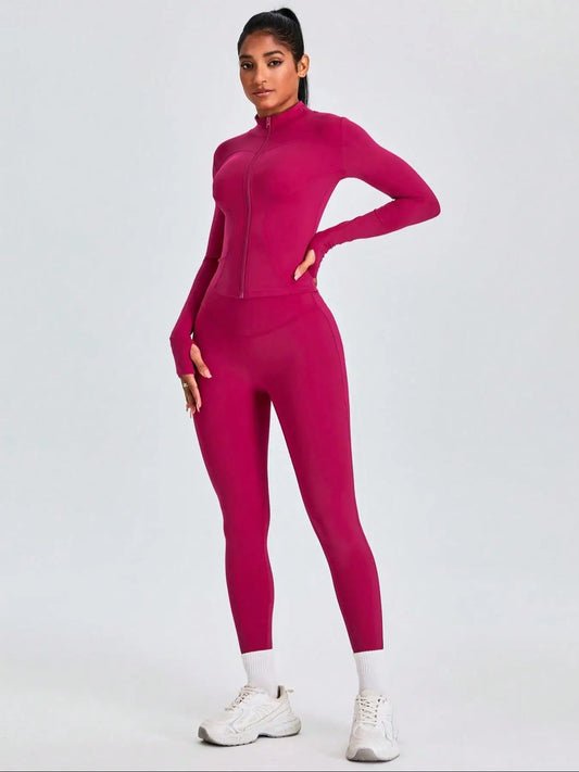 Mock Neck Zip-Up Jacket & High Waist Leggings Set