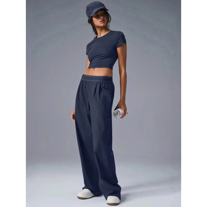 Women Casual Yoga Pants Quick Dry Straight Leg Lightweight Summer Trousers with Reflective Logo Soft Comfortable Activewear
