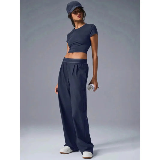 Women Casual Yoga Pants Quick Dry Straight Leg Lightweight Summer Trousers with Reflective Logo Soft Comfortable Activewear