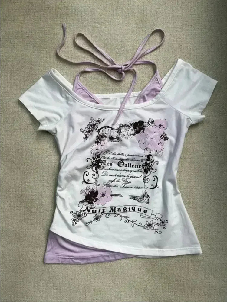 Vintage Y2K Halter Lace-Up Off-Shoulder Tee