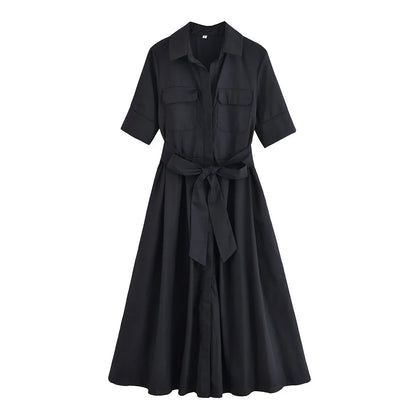 Women's Lapel Shirt Midi Dress with Belt