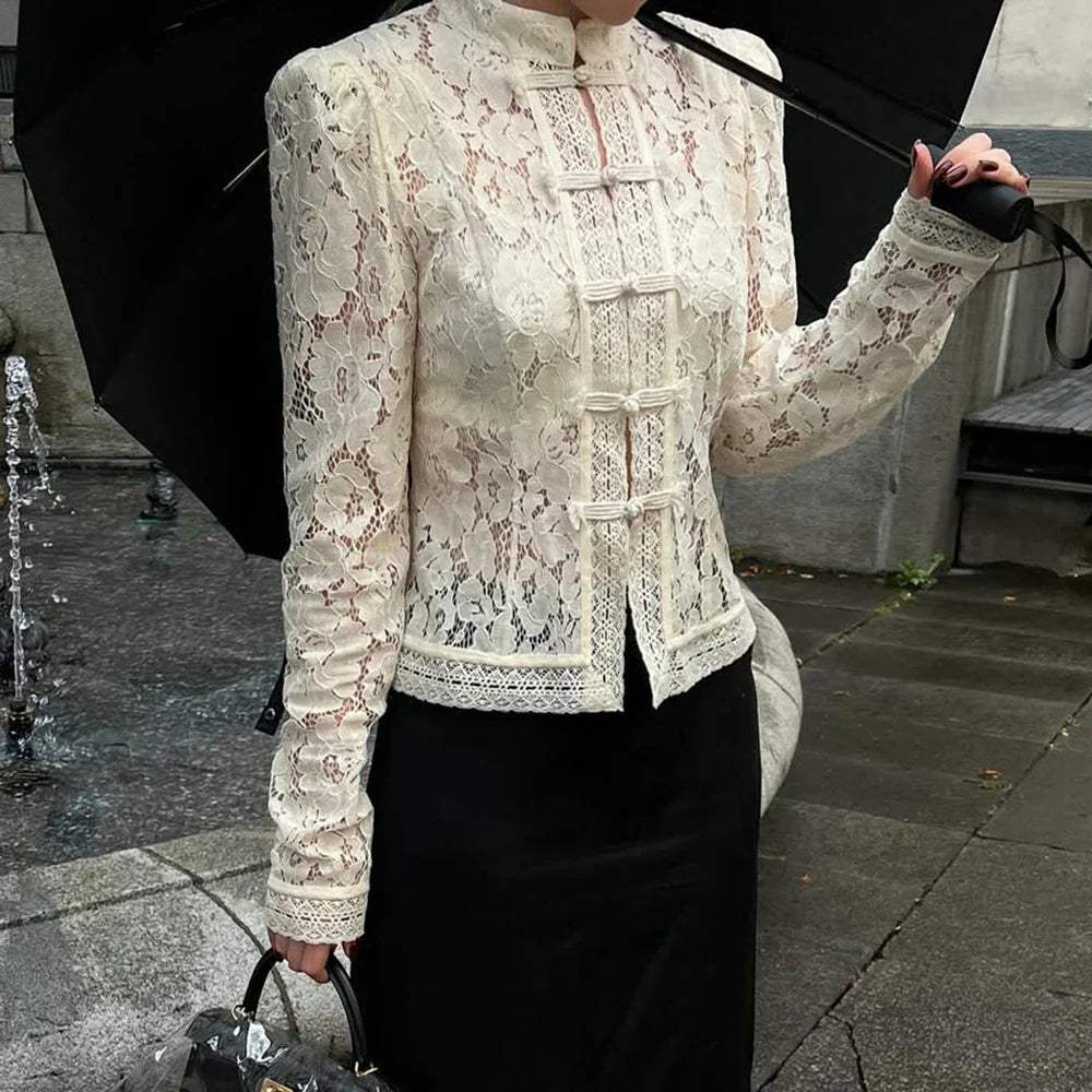 Women's Lace Blouse - V-Neck Patchwork Slim Fit Party Top