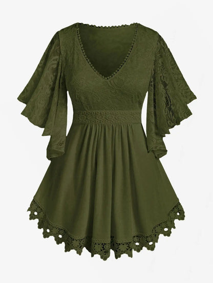 Women's Flower Lace Insert Criss-Cross T-Shirt