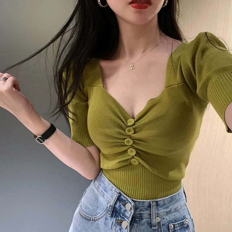 V-Neck Button Front Knit Top Puff Sleeve Short Cropped
