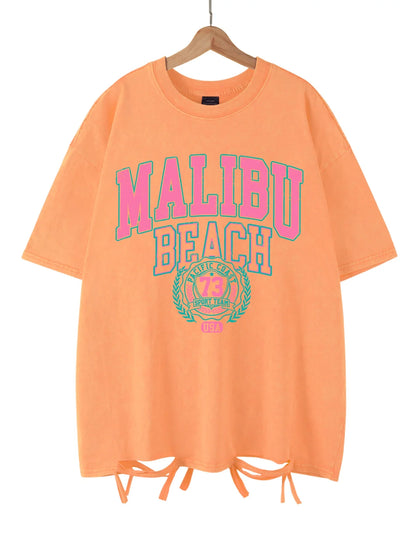 Malibu Beach Letter Print Washed Oversized Tee