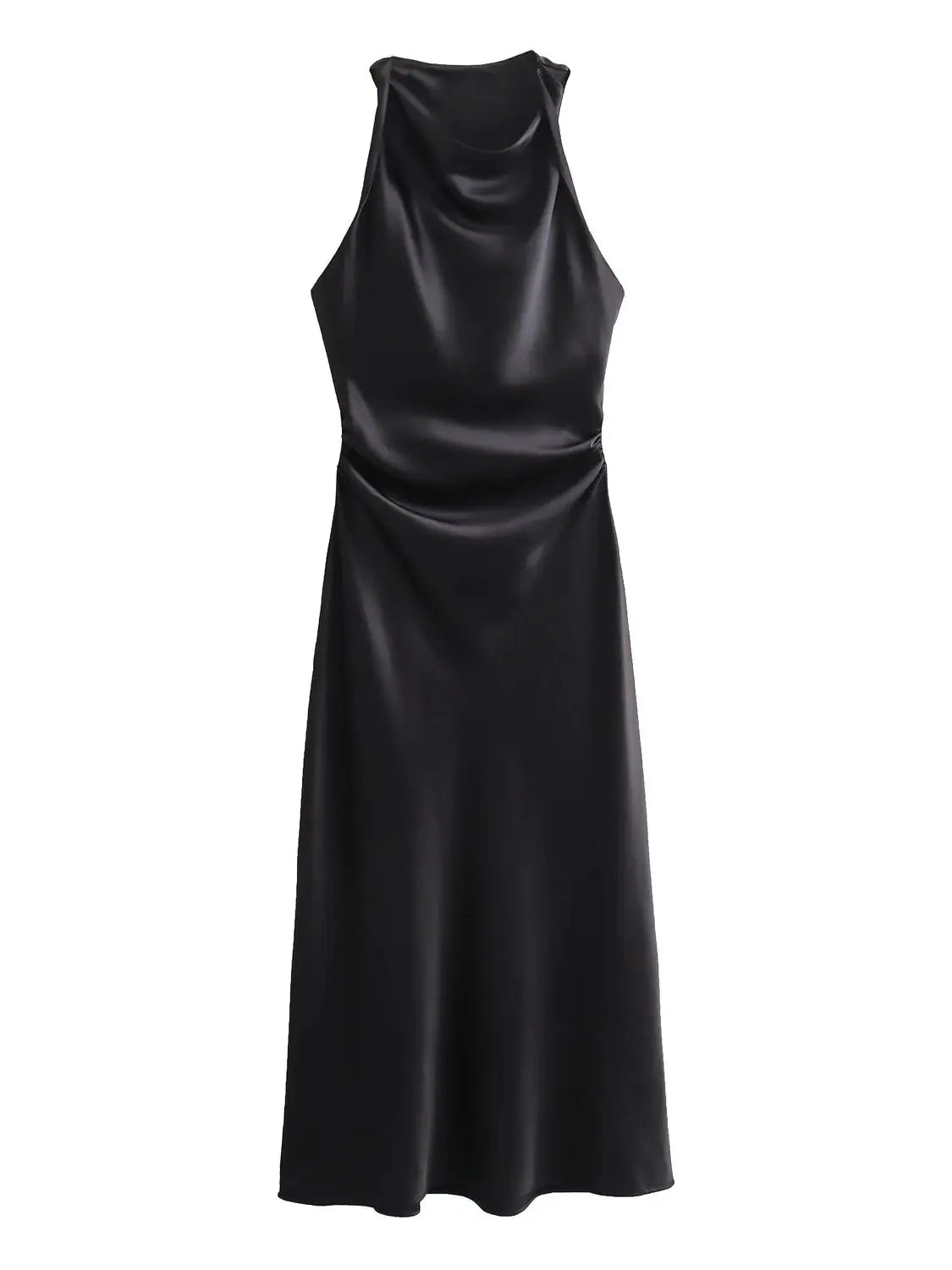 Satin Twisted Armhole Waist Gathered Midi Dress