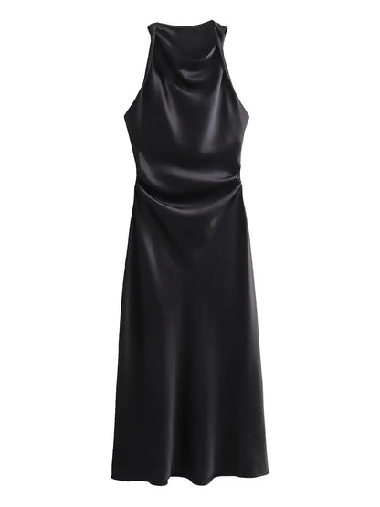 Satin Twisted Armhole Waist Gathered Midi Dress