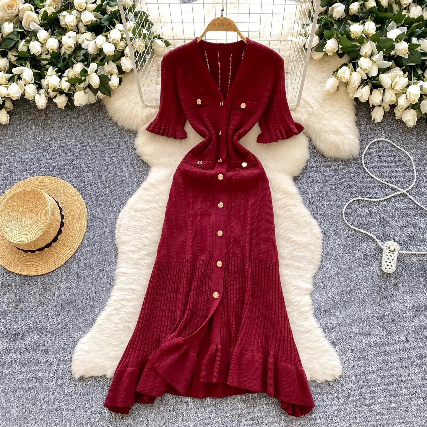 V-Neck Button Ruffle Knit Midi Sweater Dress