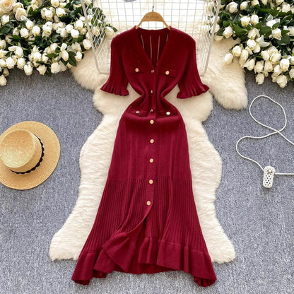 V-Neck Button Ruffle Knit Midi Sweater Dress