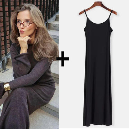 Knit Sweater Midi Dress Round Neck Long Sleeve Loose Hollow-Out