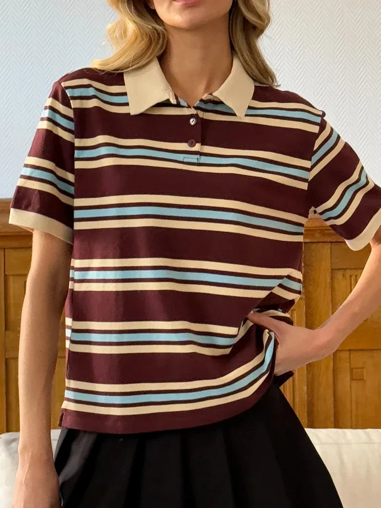 Kawaii Cartoon Print Polo Neck Cotton Tee