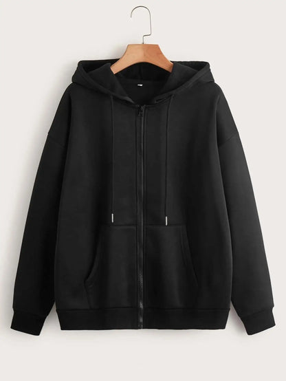 Hooded Zip-Up Fleece Jacket Long Sleeve Loose Fit with Fur Liner