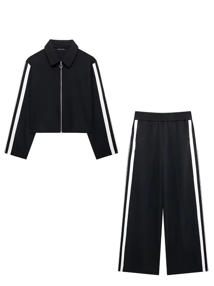 Patchwork Zip-Up Jacket & Wide Leg Pants Set