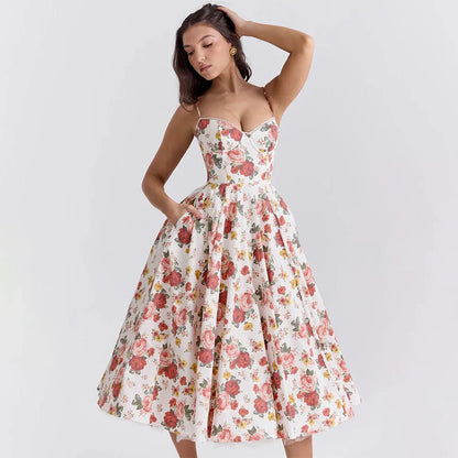 Women's Casual Spaghetti Strap A Line Flowy Midi Dresses Party Evening Gown Backless Elegant Wedding Guest Dress with Pockets