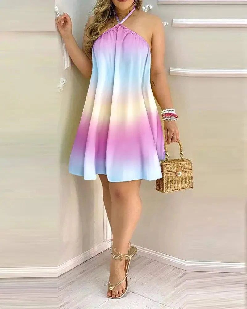 Tropical Print Halter Neck Backless Mini Dress
