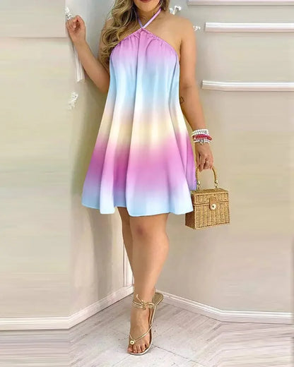 Tropical Print Halter Neck Backless Mini Dress