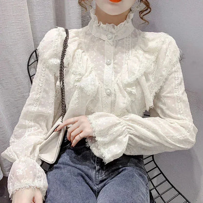 Elegant Stand Collar Pleated Tops Casual Ruffle Lace Blouse