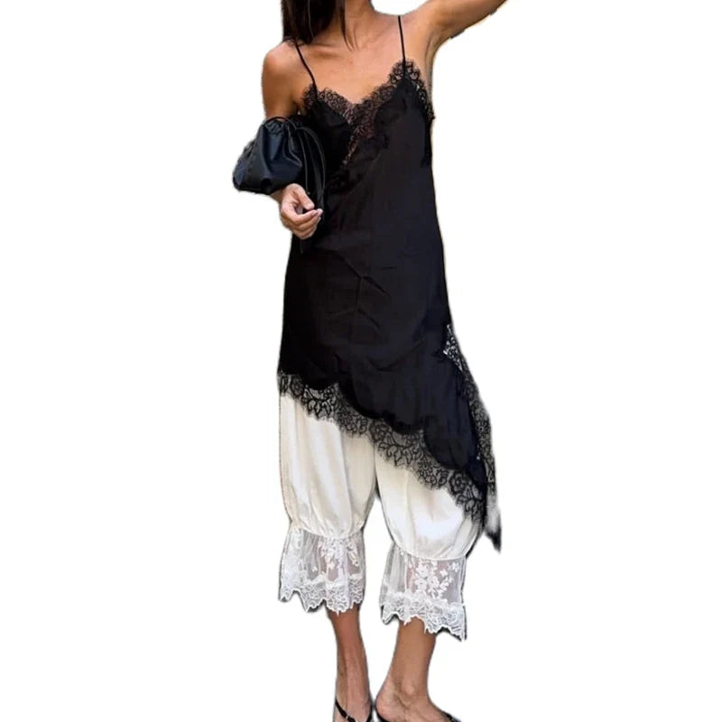 Combhasaki Women Floral Lace Trim Satin High Low Vest Silk Spaghetti Strap Side Split Asymmetrical Cami Flowy Silky Layering Top