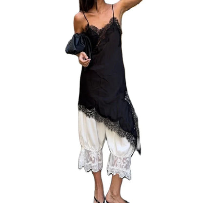 Combhasaki Women Floral Lace Trim Satin High Low Vest Silk Spaghetti Strap Side Split Asymmetrical Cami Flowy Silky Layering Top