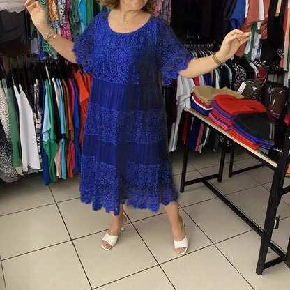 Women Midi Dress Lace Patchwork Round Neck Short Sleeves Hollow Out Flower Embroidery Pleated Party Dress
