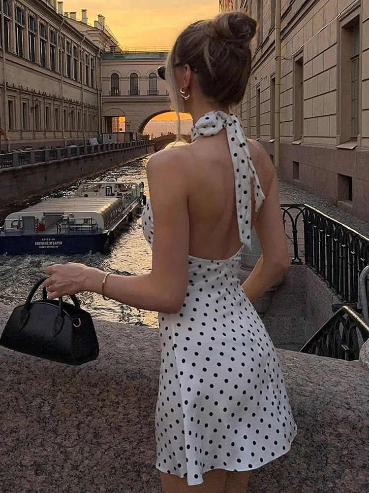 Polka Dot Halter Backless Mini Dress