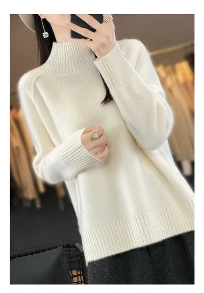 Turtleneck Cashmere Sweater Raglan Sleeve Loose Fit Pullover