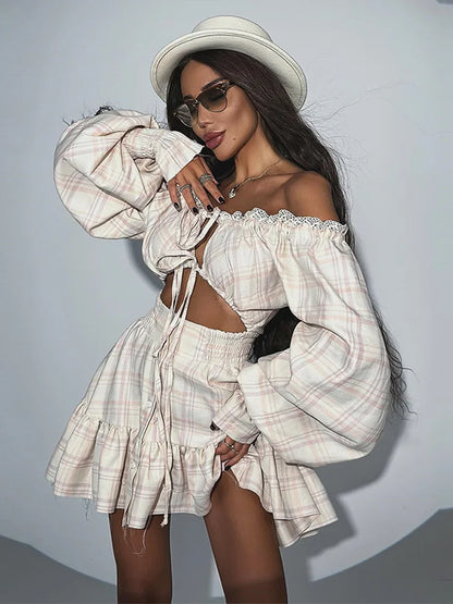 Off-Shoulder Lace-Up Lantern Sleeve Printed Mini Dress