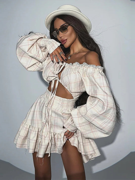 Off-Shoulder Lace-Up Lantern Sleeve Printed Mini Dress